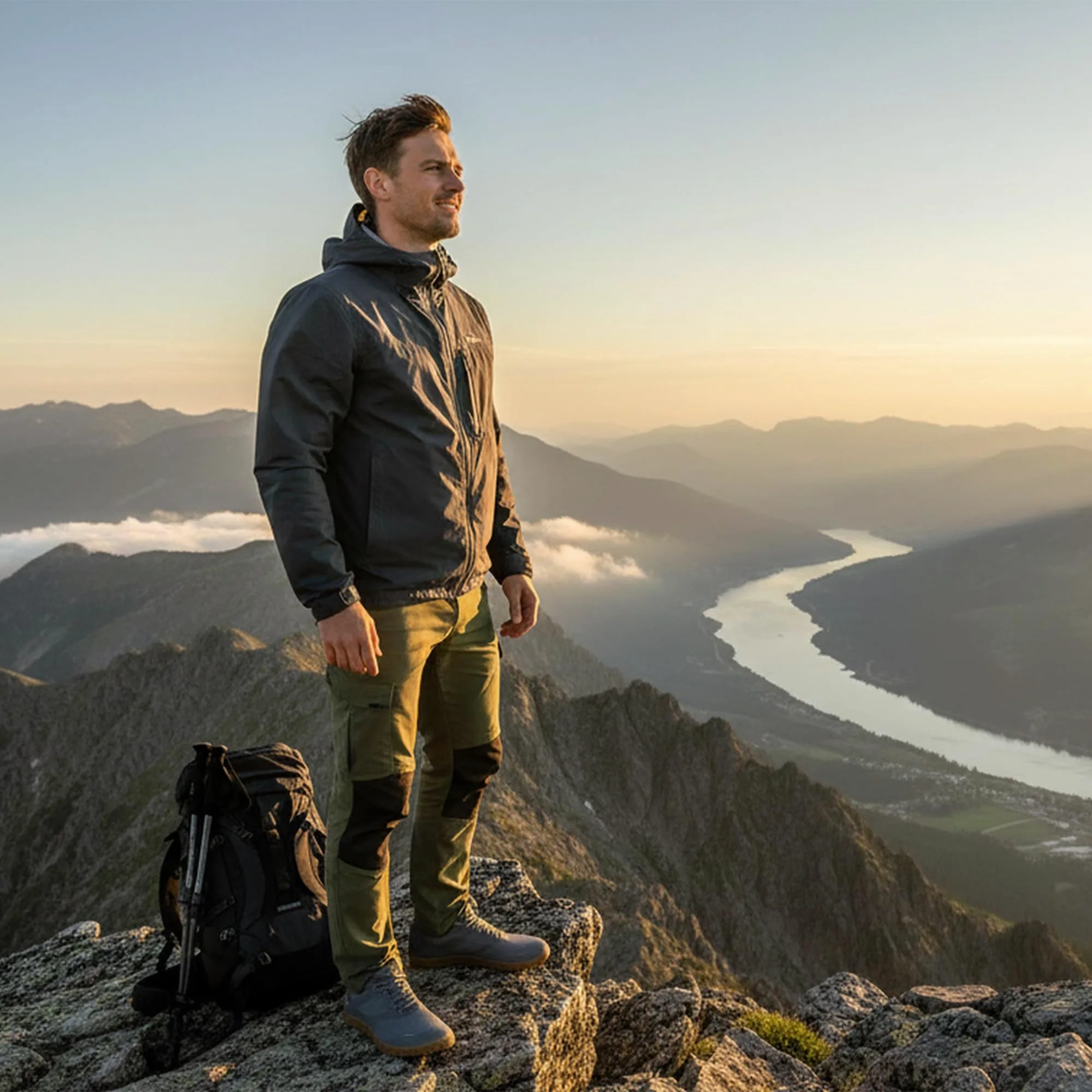 A man on a mountain ridge in ASITVO barefoot sneakers
