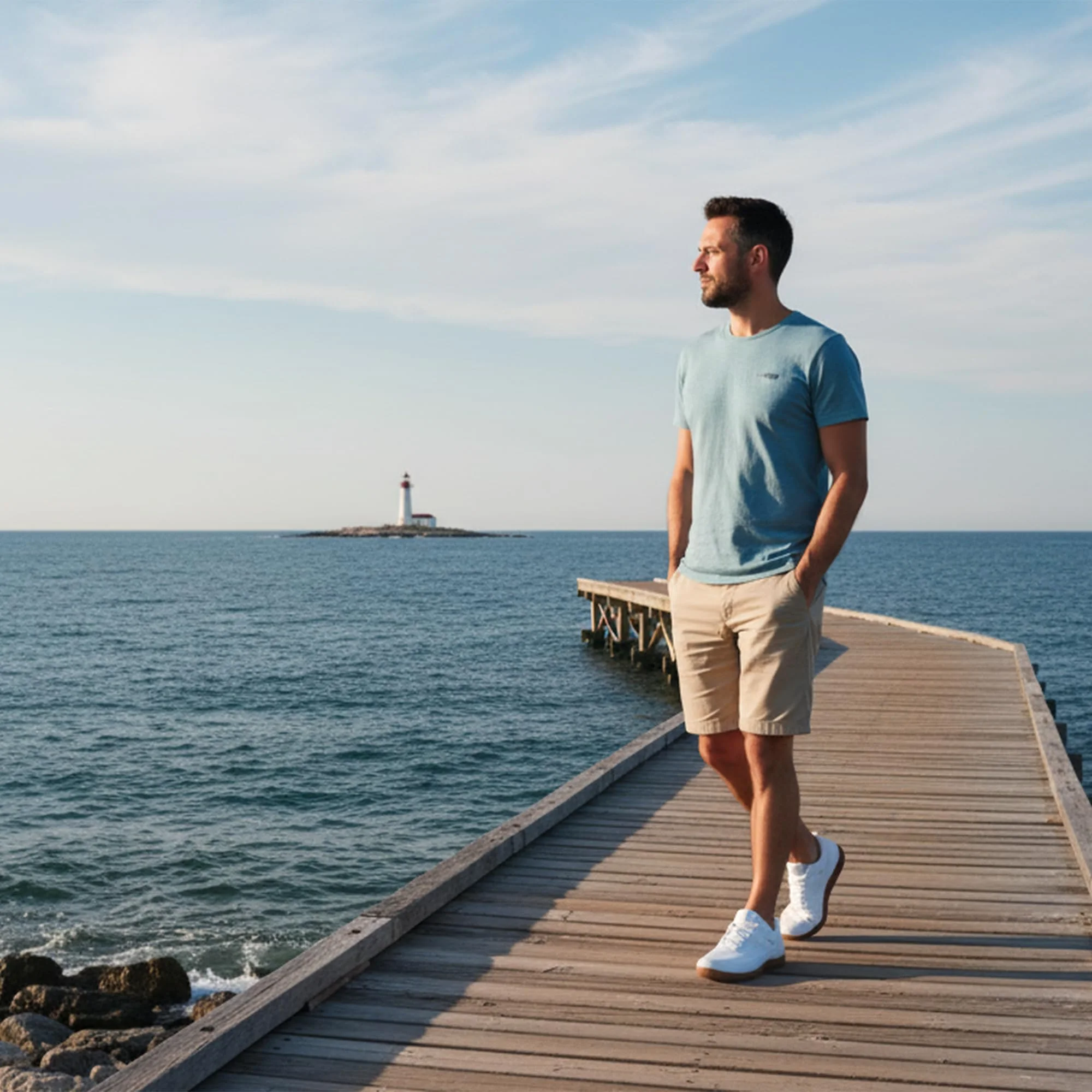 A man on a wooden pier by a lighthouse in white ASITVO barefoot cross trainers