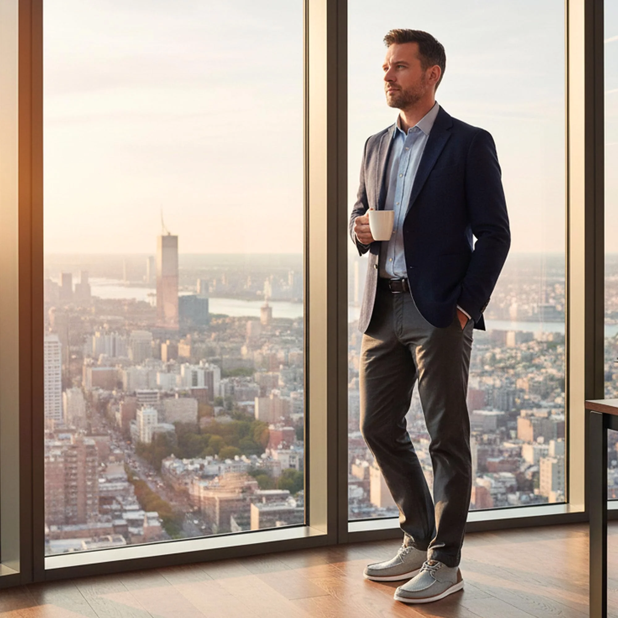 A man in ASITVO heather knit boat loafers by an office window