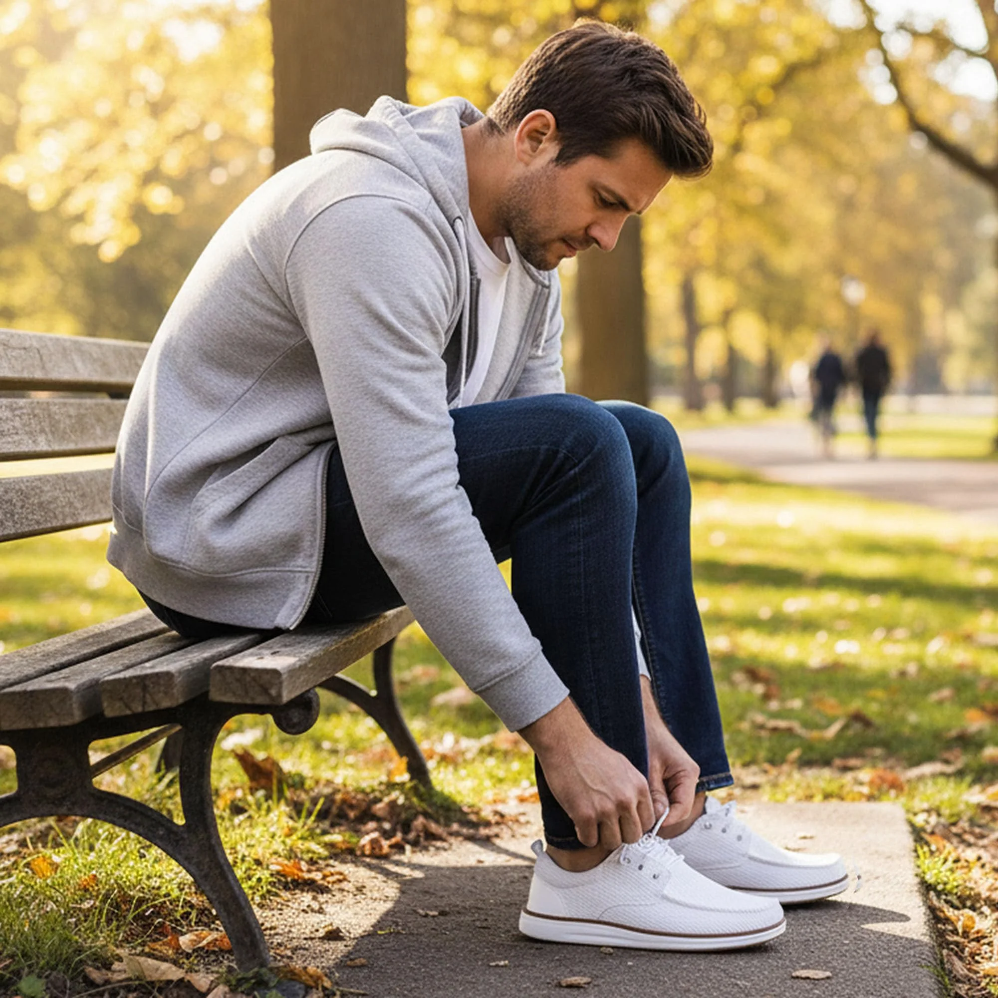 A man on a park bench lacing ASITVO knit boat loafers
